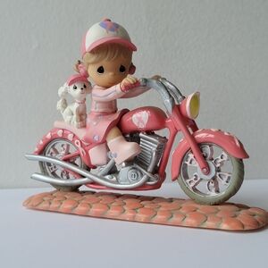 Precious Moments Breast Cancer Awareness Pink Motorcycle with Rider and Puppy